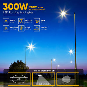 LED Pole Light 300W ; High Voltage ; 5700K ; Universal Mount ; 200-480V With Photocell