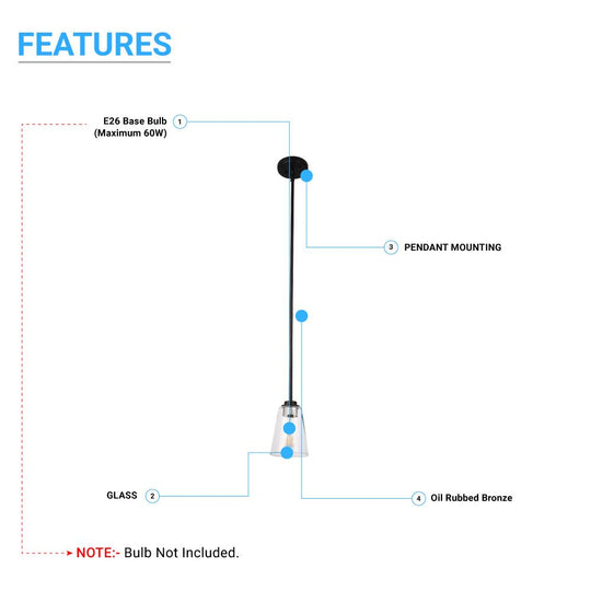 1-Light Flared Glass Modern Pendant Lighting - Clear Glass Shade - E26 Base, UL Listed for Damp Location