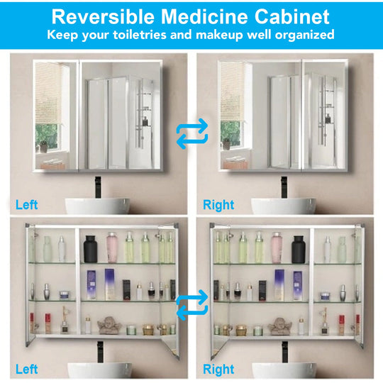 30 x 26 Inches Frameless Medicine Cabinet with Mirror, Double Sided Mirror, 2 Doors 3-Adjustable Shelves, Large&Small Door Design, Soft-Closing, Surface Mount or Recessed Medicine Cabinets for Bathroom, Bedroom, Hotel