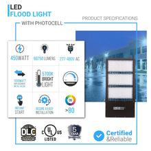 Load image into Gallery viewer, 450W LED High Output Flood Light With Photocell, 5700K, AC277 - 480V High Voltage, Dusk to Dawn Security Light, IP65, Bronze, With 20KV Surge Protector, For Garden Yard Parking Lot Stadium Arena Lighting Fixture - LEDMyPlace