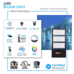 450W LED High Output Flood Light With Photocell, 5700K, AC277 - 480V High Voltage, Dusk to Dawn Security Light, IP65, Bronze, With 20KV Surge Protector, For Garden Yard Parking Lot Stadium Arena Lighting Fixture - LEDMyPlace