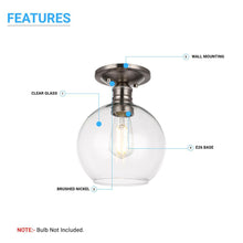 Load image into Gallery viewer, Clear Glass Dome Shape Flush Mount Light, Brushed Nickel Finish, E26 Base, Ceiling Mounting, UL Listed for Damp Location