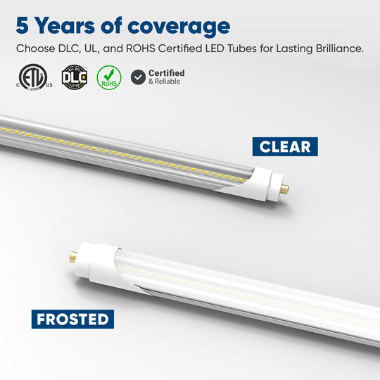 T8 8ft LED Tube/Bulb - 48w/40w/36w/32w Wattage Adjustable, 130lm/w, 3000k/4000k/5000k/6500k CCT Changeable, Frosted, FA8 Single Pin, Double End Power - Ballast Bypass
