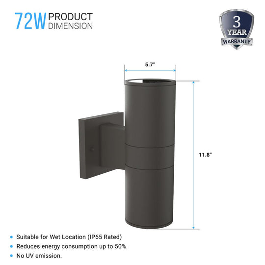 Cylinder Lights - Outdoor Wall Lighting - 2x36W, AC100- 277V, LED Up & Down Light, Double Side (White Light)