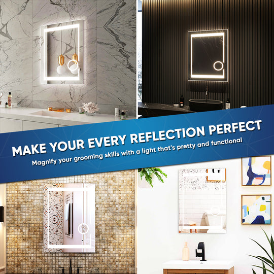 24x32 Inch LED Bathroom Mirror with Magnifying Mirror, CCT Remembrance, Defogger, Auspice Style