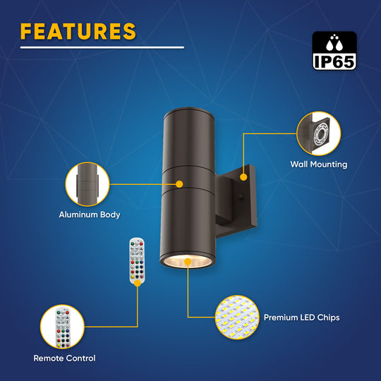 LED Outdoor Up & Down Lights With Remote, RGBW, Cylinder, 36WX2, AC100-277V, IP65, ETL CE RoHS Approval, Outdoor Wall Lights