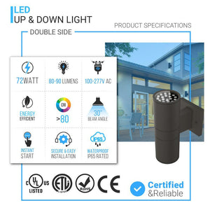 LED Outdoor Up & Down Lights With Remote, RGBW, Cylinder, 36WX2, AC100-277V, IP65, ETL CE RoSH Approval, Outdoor Wall Lights