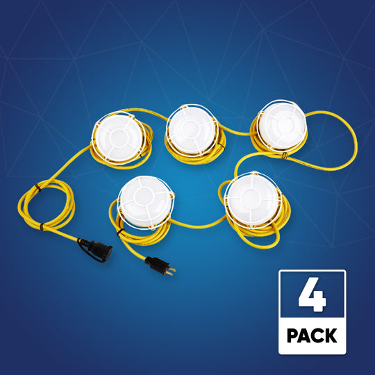 Construction Light Strings With Cage, 65W, 5000K, 8000 Lumens, IP65, Temporary LED Work Light, 50ft - 5 Lights Per Bunch