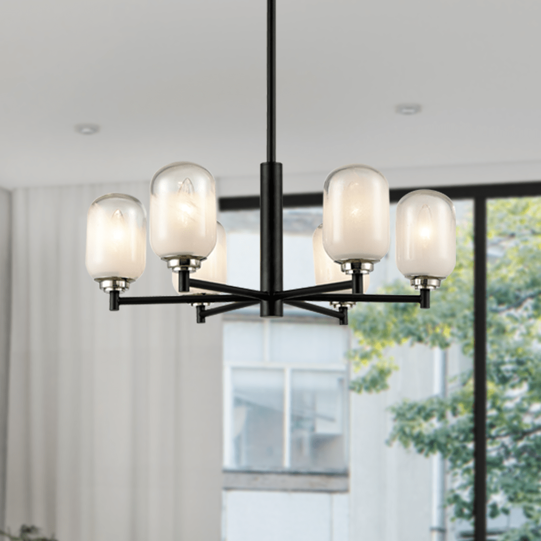 6 - Light Black Finish Chandelier Light with Snow Glass, E12 Base, Width 24