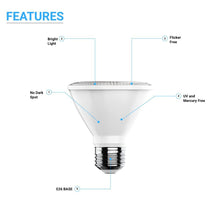 Load image into Gallery viewer, 120v-12w-par30s-dim-800lm-3000k-cri90-15000h-ul-es