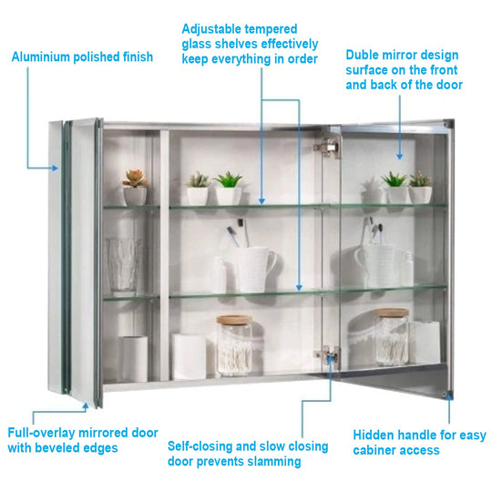 30 x 26 Inches Frameless Medicine Cabinet with Mirror, Double Sided Mirror, 2 Doors 3-Adjustable Shelves, Large&Small Door Design, Soft-Closing, Surface Mount or Recessed Medicine Cabinets for Bathroom, Bedroom, Hotel