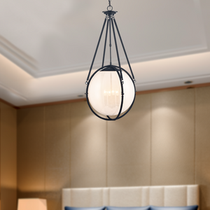 4-Light Chandelier Light Fixture Black Finish Hardware with Black Rope and Translucency whilte glass ,E12 Base