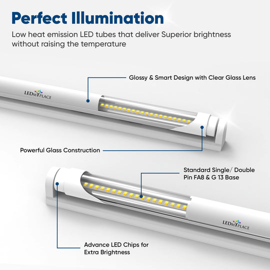 T8 8ft LED Tube/Bulb - 48w/40w/36w/32w Wattage Adjustable, 130lm/w, 3000k/4000k/5000k/6500k CCT Changeable, Clear, FA8 Single Pin, Double End Power - Ballast Bypass.