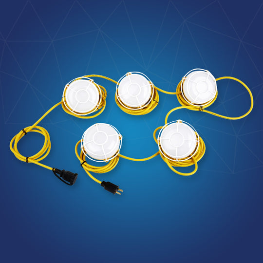 Construction Light Strings With Cage, 65W, 5000K, 8000 Lumens, IP65, Temporary LED Work Light, 50ft - 5 Lights Per Bunch