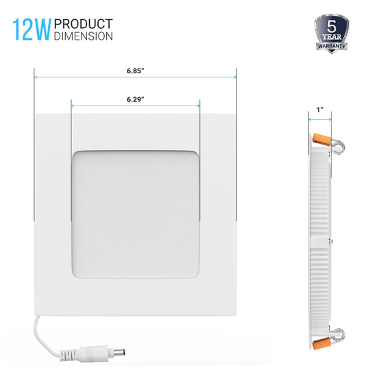 6" 12W LED Slim Panel Recessed Ceiling Light CCT 2700k 3000K 3500K 4000K 5000K, with Junction Box, Square