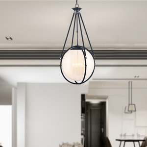 4-Light Chandelier Light Fixture Black Finish Hardware with Black Rope and Translucency whilte glass ,E12 Base