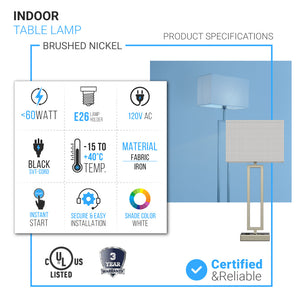 2-Light Bedside Table Lamp With 1-USB Charging Port, 2-Switches, 2-outlets, 28 inch, Brushed Nickel Finish, For Living Room, Dorm, Bedroom Lamp