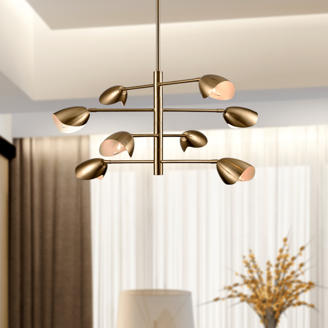 8 - Light Chandelier Ceiling Light, Curved Disk Shades, Brass Finish Hardware, Width 33.5