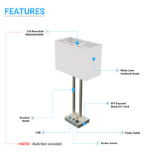 Load image into Gallery viewer, 2-Light Bedside Table Lamp With 1-USB Charging Port, 2-Switches, 2-outlets, 28 inch, Brushed Nickel Finish, For Living Room, Dorm, Bedroom Lamp