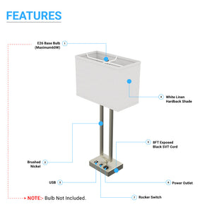 2-Light Bedside Table Lamp With 1-USB Charging Port, 2-Switches, 2-outlets, 28 inch, Brushed Nickel Finish, For Living Room, Dorm, Bedroom Lamp