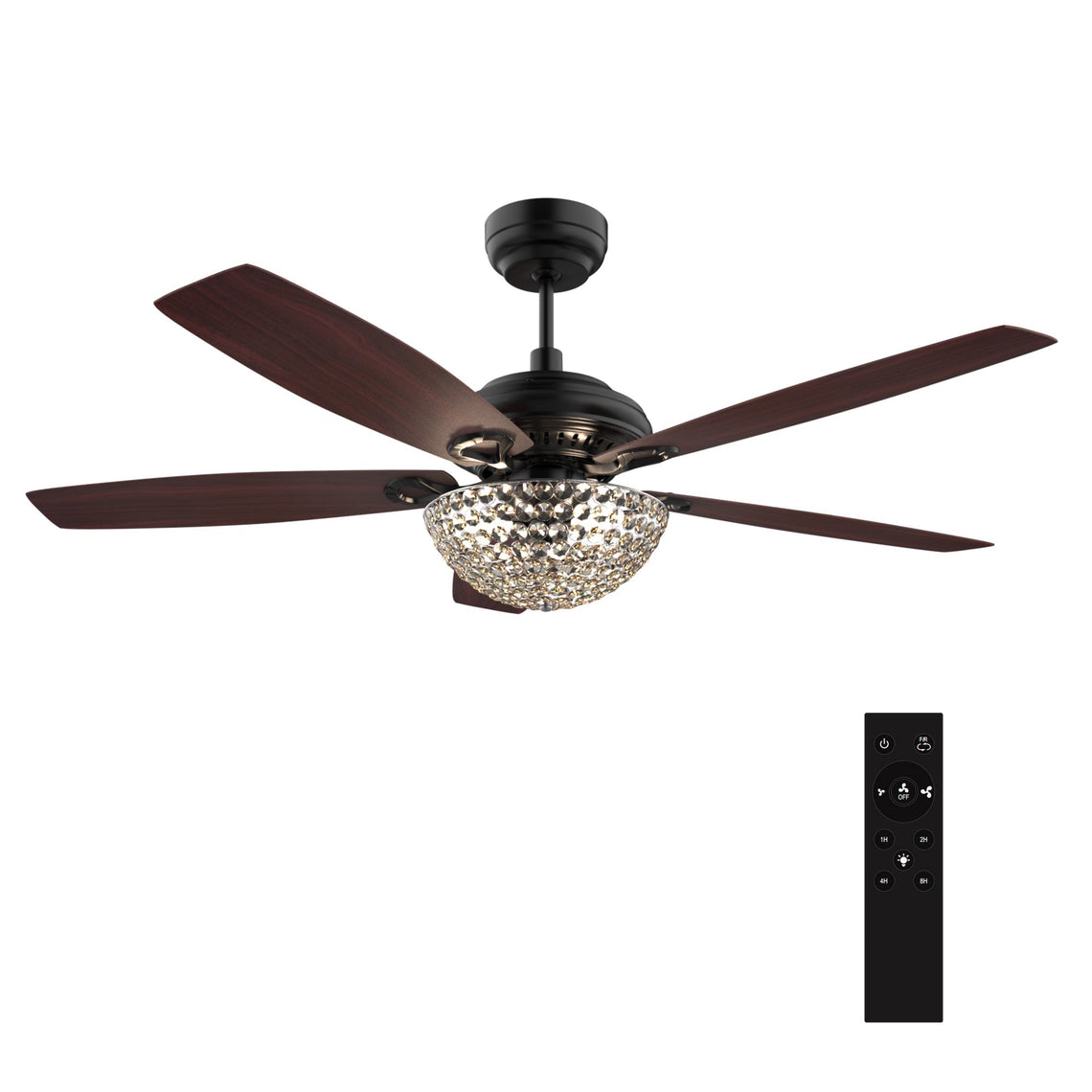 Huntley 52 Inch 5-Blade Crystal Best Ceiling Fan With Light & Remote Control - Black/Rosewood