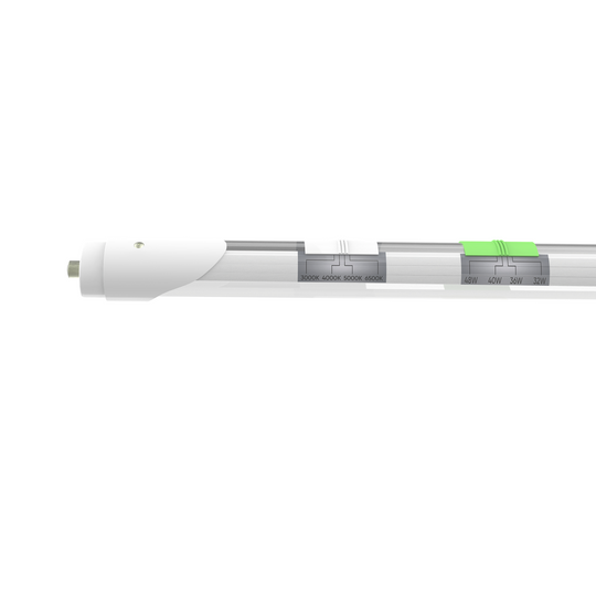 T8 8ft LED Tube/Bulb - 48w/40w/36w/32w Wattage Adjustable, 130lm/w, 3000k/4000k/5000k/6500k CCT Changeable, Clear, FA8 Single Pin, Double End Power - Ballast Bypass.