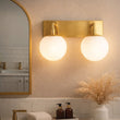 Load image into Gallery viewer, 18″W x 10″H x 8″E Burnished Brass Double Wall Sconce with Dual Frosted White Acrylic Shades and 2×E26 Rocker-Switch Lights - 2 Pack