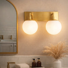 Load image into Gallery viewer, 18″W x 10″H x 8″E Burnished Brass Double Wall Sconce with Dual Frosted White Acrylic Shades and 2×E26 Rocker-Switch Lights - 2 Pack