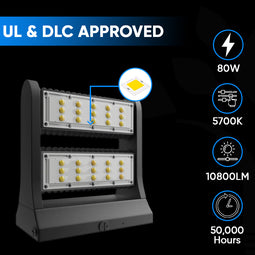 LED Wall Pack 80W 5700K Rotatable ; 10800 Lumens, UL and DLC certified