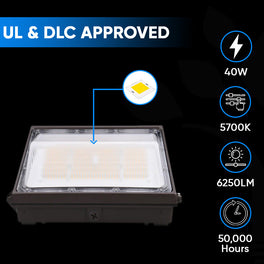 LED Wall Pack Light with Photocell, 40W, 5700K, 6300LM, AC120-277V, Waterproof, UL & DLC Listed