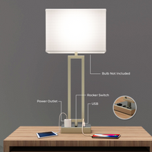 Load image into Gallery viewer, 2-Light Bedside Table Lamp With 1-USB Charging Port, 2-Switches, 2-outlets, 28 inch, Brushed Nickel Finish, For Living Room, Dorm, Bedroom Lamp