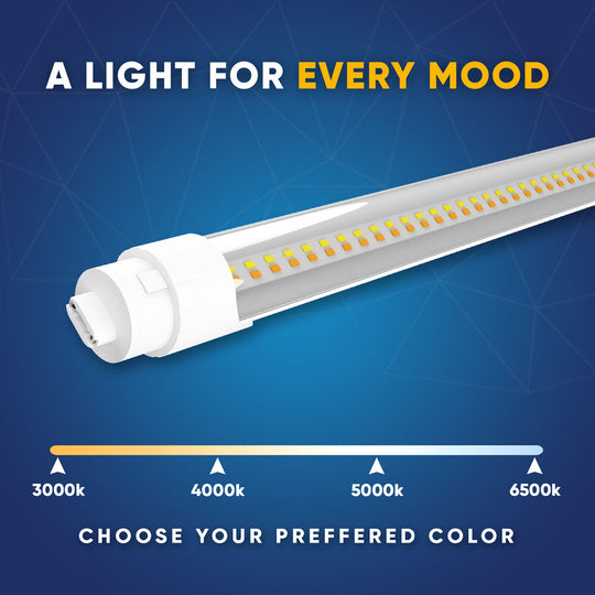 T8 8ft LED Tube/Bulb - 32/36/40/48W Wattage Adjustable, 130lm/w, 3000K/4000K/5000K/6500K CCT Changeable, Clear, R17D Base,- Ballast Bypass