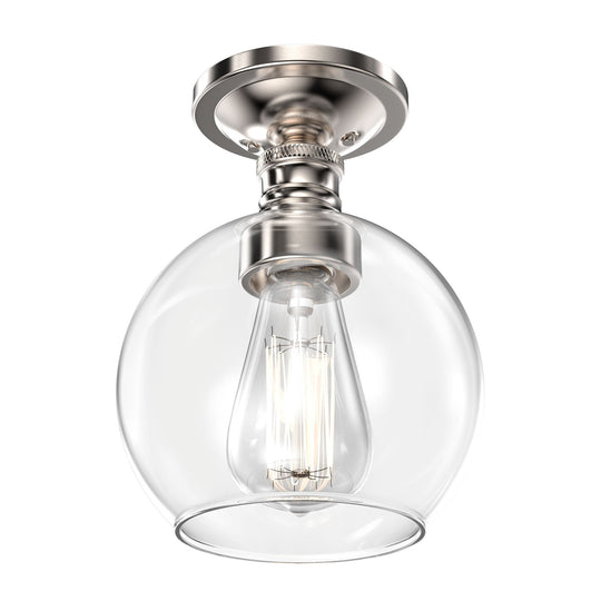 Clear Glass Dome Shape Flush Mount Light, Brushed Nickel Finish, E26 Base, Ceiling Mounting, UL Listed for Damp Location