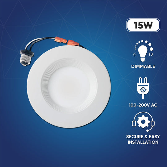 6" LED Downlight Dimmable, 15W, 5CCT Changeable: 2700K/3000K/3500K/4000K/5000K, 120V AC, Baffle Trim, Damp Rated