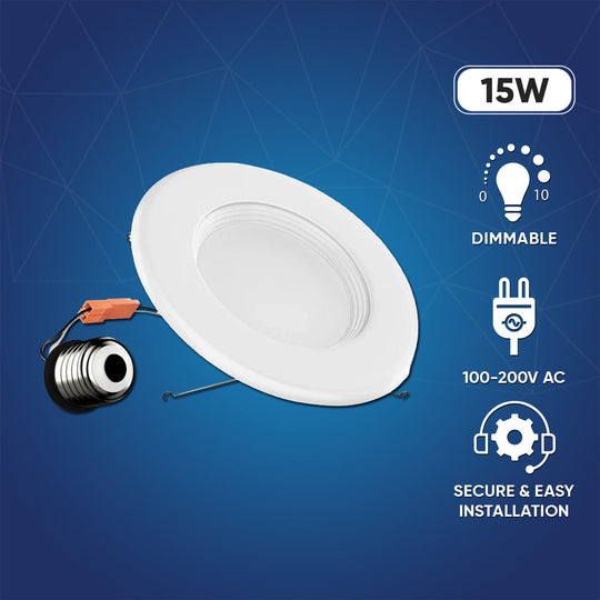 6" LED Downlight Dimmable, 15W, 5CCT Changeable: 2700K/3000K/3500K/4000K/5000K, 120V AC, Baffle Trim, Damp Rated