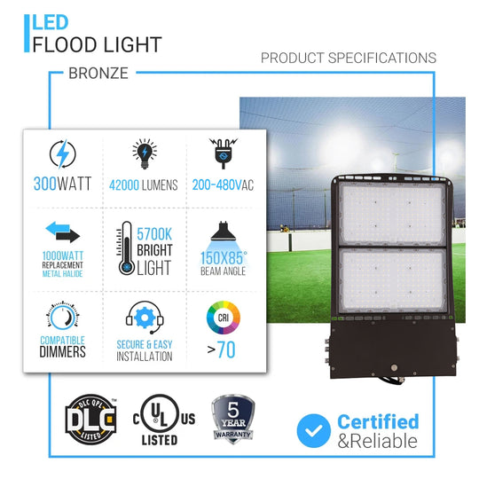 300W LED Flood Light/Area Light, 5700K, 42000 Lumens, DLC Listed, 200V-480V High Voltage Bronze, IP65 Rated