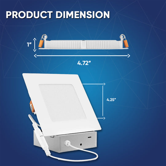 Square 4-Inch Ultra Thin LED Recessed Light with Junction Box: 9W, 650LM, Suitable for Damp Locations, Dimmable Ceiling Mount Light Trim for Office, Kitchen, Bedroom, Bathroom