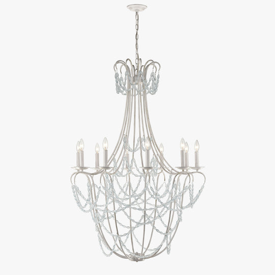 10-Light Traditional Beaded Candle Chandelier Wash Wood Finish with Blue Crystal ,E12 Base