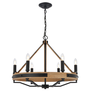 6-Light Farmhouse Chandelier Diam 26'', E12 Base, Matte black Finish Hardware with Nature Solid Ashwood