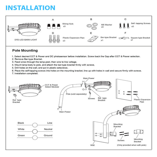 LED Barn Light w/ 3-pin NEMA Photocell, 72/96/120 Wattage Adjustable & 3000K/4000K/5000K CCT Tunable, 120-277V, Dusk to Dawn IP65 Waterproof