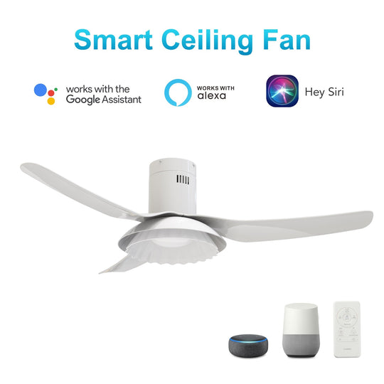 Daffodil 52 Inch 3-Blade Flush Mount Best Smart Ceiling Fan With Led Light Kit And Remote - White/White