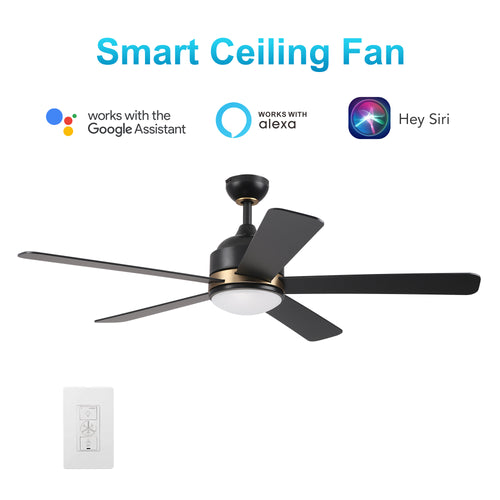 SIMOY 52 inch 5-Blade Best Smart Ceiling Fan with LED Light Kit & Wall Switch - Black/Black (Gold Detail)