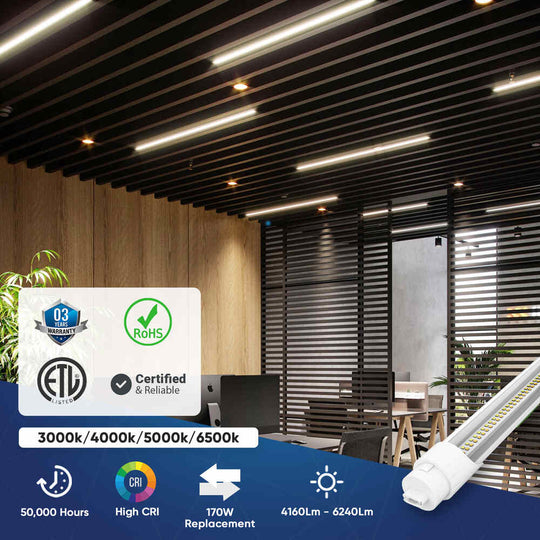 T8 8ft LED Tube/Bulb - 32/36/40/48W Wattage Adjustable, 130lm/w, 3000K/4000K/5000K/6500K CCT Changeable, Clear, R17D Base,- Ballast Bypass