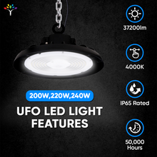 Load image into Gallery viewer, UFO LED High Bay Light 240W/220W/200W Wattage Adjustable, 4000K, 131 LM/W, DLC Premium 1-10V Dimmable, AC120-277V, Commercial LED Light for Barn Workshop Warehouse Gym Airport Lights