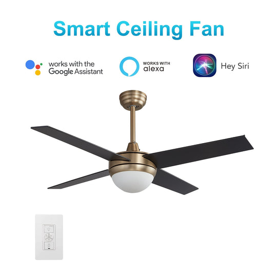 Neva 52 Inch 4-Blade Best Smart Ceiling Fan With Led Light Kit & Best Smart Wall Switch - Gold/Black