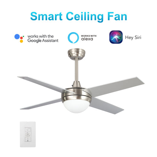 NEVA 52 inch 4-Blade Best Smart Ceiling Fan with LED Light Kit & Best Smart Wall Switch - Silver/Chrome