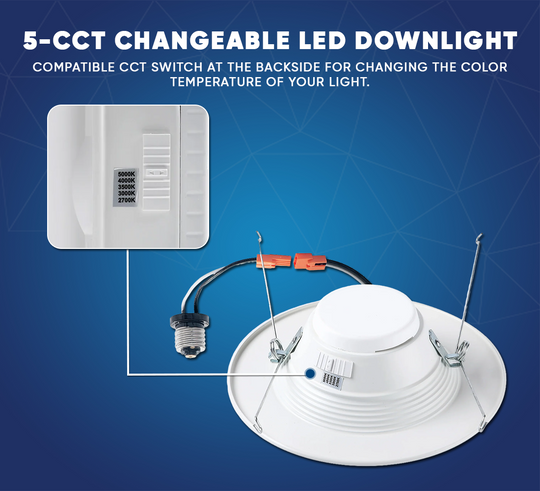 6" LED Downlight Dimmable, 15W, 5CCT Changeable: 2700K/3000K/3500K/4000K/5000K, 120V AC, Baffle Trim, Damp Rated