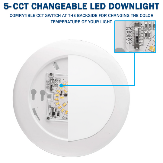 6" LED Disk Downlight, 15W, 5CCT Changeable: 2700K/3000K/3500K/4000K/5000K, 120V AC, Damp Location