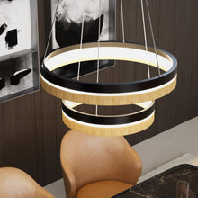 Load image into Gallery viewer, Double Circle Chandelier, 78W, 3000K, 1501 Lumens, Wooden + Matte Black Chandelier, Dimmable Pendant Fixture - LEDMyPlace