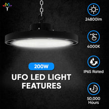 Load image into Gallery viewer, Gen13 UFO LED High Bay Light, 200W, 4000K, 28,600LM, AC120 - 277V, IP65 Waterproof, UL, DLC Listed, 0 - 10V Dimmable, Plug &amp; Play Lighting for Warehouse Workshop Factory Barn Garage Area Lighting Fixture - LEDMyPlace